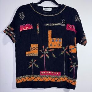 Vintage Handmade Italy Cotton Sweater Black Embroidered Novelty Knit